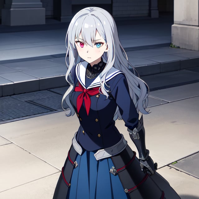 A majestic 12-year-old girl stands in a plaza. Her striking blue and red heterochromatic eyes make me fall in love with her and her long wavy silver hair make me fall in love with her even more. Her sailor-style battle uniform adorned with intricate gothic armor makes me want her by my side.