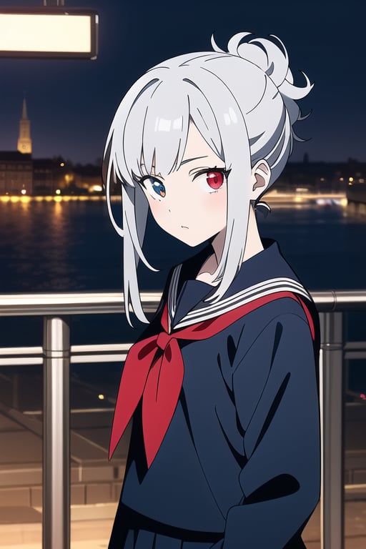 Twelve-year-old girl, fair skin with heterochromia in her blue and red eyes with beautiful long silver-colored hair, she regularly wears her hair up. Her clothing is a sailor-style uniform and she also wears gothic armor as a background in a medieval-style city at night.