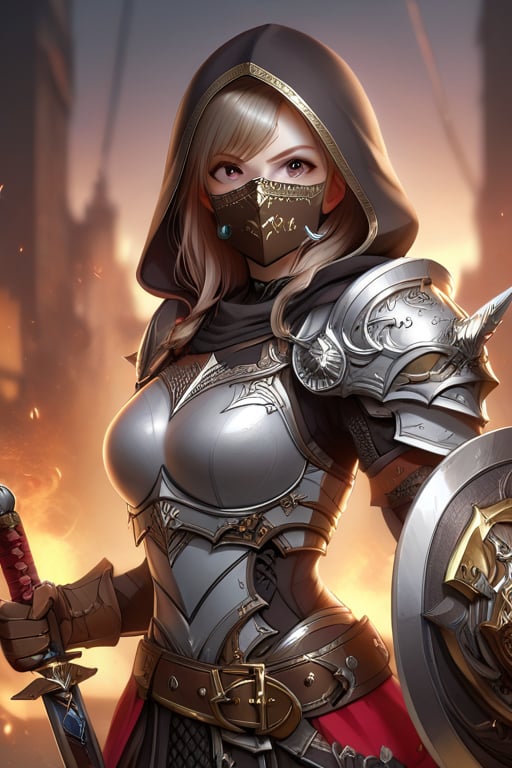 1girl, solo, gloves, holding, weapon, belt, sword, hood, armor, blurry background, shoulder armor, brown gloves, pauldrons, steel mask, full face mask, 