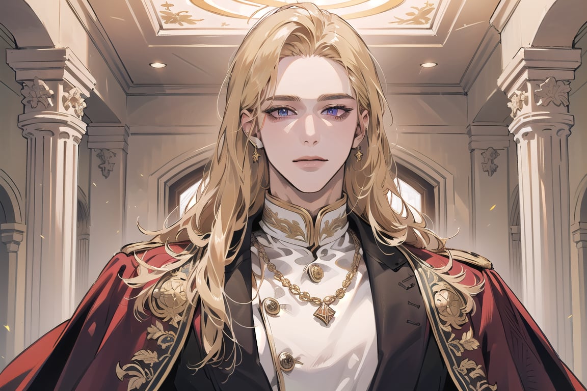 Nitrey, 1 man, ((mature)), ((solo focus)), ((Goldenrod hair)), ((long straight hair)), purple eyes, smirk, ((Medium score)), (((half-down:1.5))), To reveal the forehead, handsome, angular jaw, thick neck, red (( Court Dress)), Cloak, Sash and Medals, royal, prince, by Raphael, masterpiece, upper body shot, magnificent indoor hall