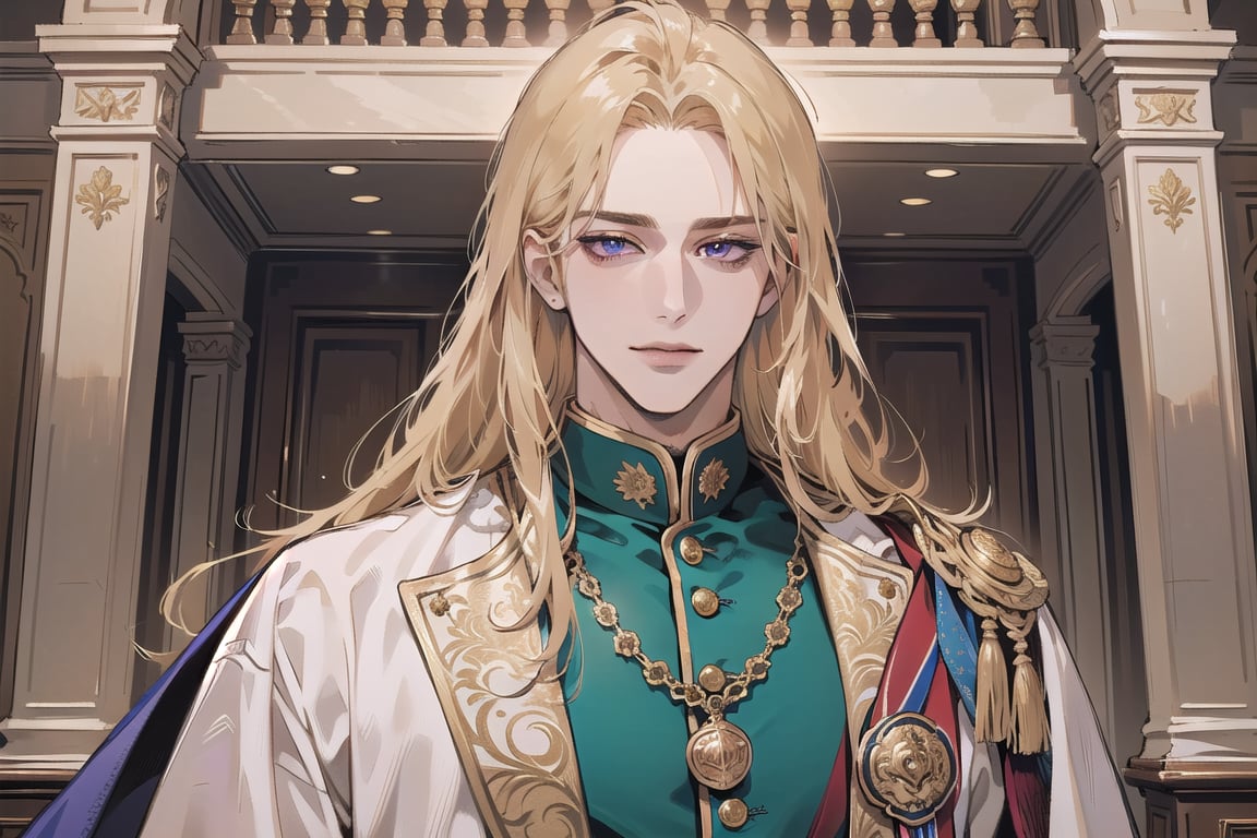 Nitrey, 1 man, ((mature)), ((solo focus)), ((Goldenrod hair)), ((long straight hair)), purple eyes, smirk, ((Medium score)), (((half-down:1.5))), To reveal the forehead, handsome, angular jaw, thick neck, ((Court Dress)), Cloak, Sash and Medals, royal, prince, by Raphael, masterpiece, upper body shot, magnificent indoor hall