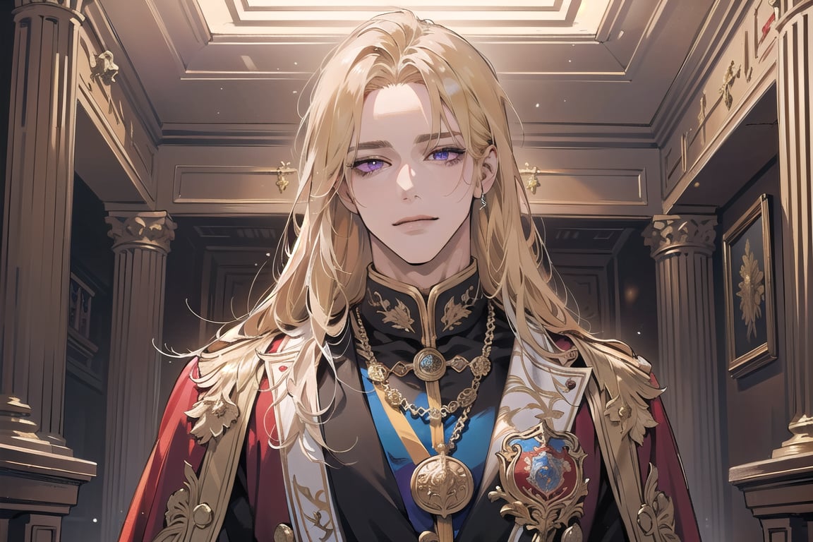 Nitrey, 1 man, ((mature)), ((solo focus)), ((Goldenrod hair)), ((long straight hair)), purple eyes, smirk, ((Medium score)), (((half-down:1.5))), To reveal the forehead, handsome, angular jaw, thick neck, red ((Court Dress)), Cloak, Sash and Medals, royal, prince, by Raphael, masterpiece, upper body shot, magnificent indoor hall