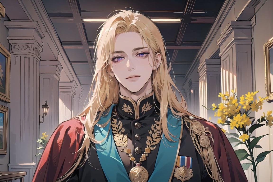 Nitrey, 1 man, ((mature)), ((solo focus)), ((Goldenrod hair)), ((long straight hair)), purple eyes, smirk, ((Medium score)), (((half-down:1.5))), To reveal the forehead, handsome, angular jaw, thick neck, ((Court Dress)), Cloak, Sash and Medals, royal, prince, by Raphael, masterpiece, upper body shot, magnificent indoor hall