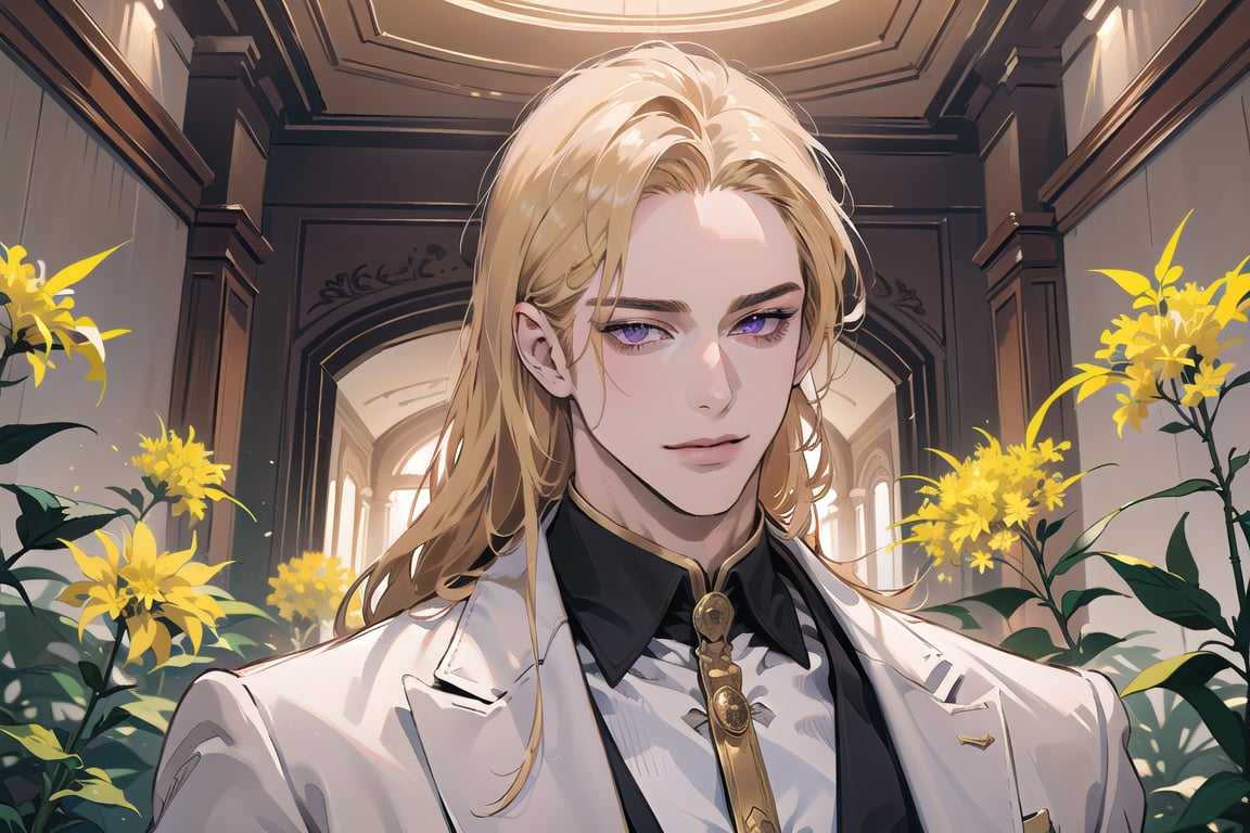 Nitrey, 1 man, ((mature)), ((solo focus)), ((Goldenrod hair)), ((long straight hair)), purple eyes, smirk, ((Medium score)), (((half-down:1.5))), To reveal the forehead, handsome, angular jaw, thick neck, white ((prince suit)), by Raphael, masterpiece, upper body shot, magnificent indoor hall