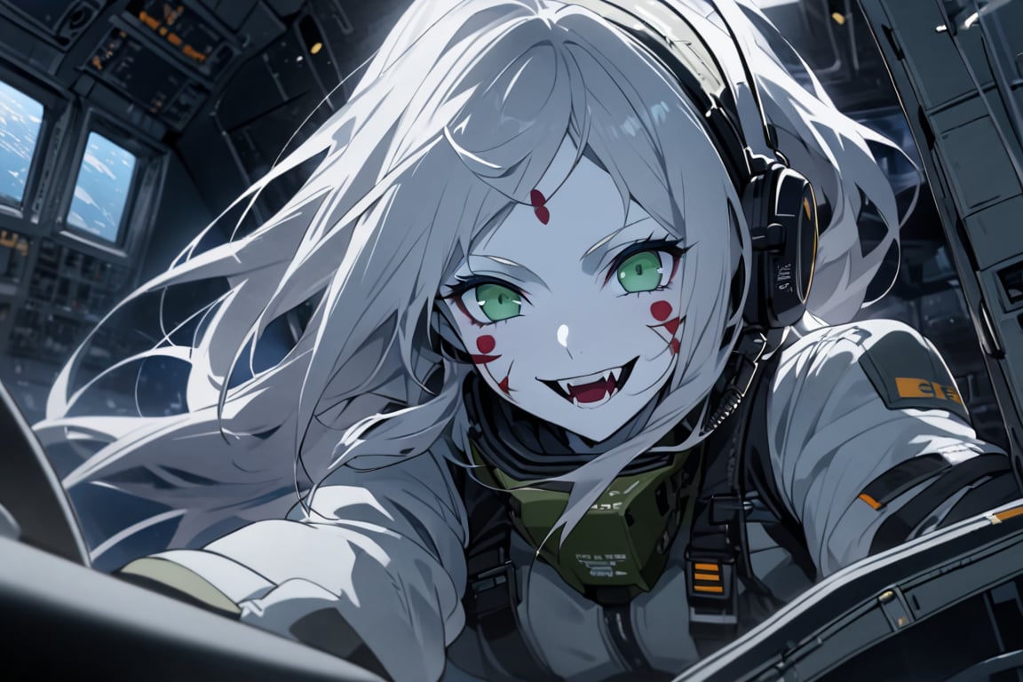  (white skin:1.5), pale skin, long hair, white hair, facial markings, green eyes, fangs, Black Pilot suit, Pilot Helmet, Boots, C-130 aircraft, seant into cockpit, Smiling, air base, , aircraft take off, full body, heroic close up, night sky