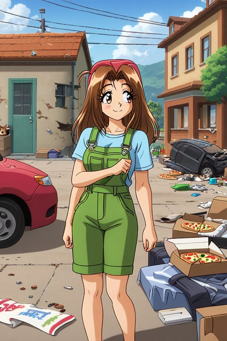 RENA,EROGE, anime coloring, 1girl, brown hair, work overall, barefoot, delivery green cubic backpack, in front to house, standing, street with apartaments, blacksploitation, destroyed car , lazyness, cinycal smile, manage  pizza box, deliuvery t-shirt, rubbish floor, good anatomy, dirty clothes, bunch of puppies and kitties around, close up