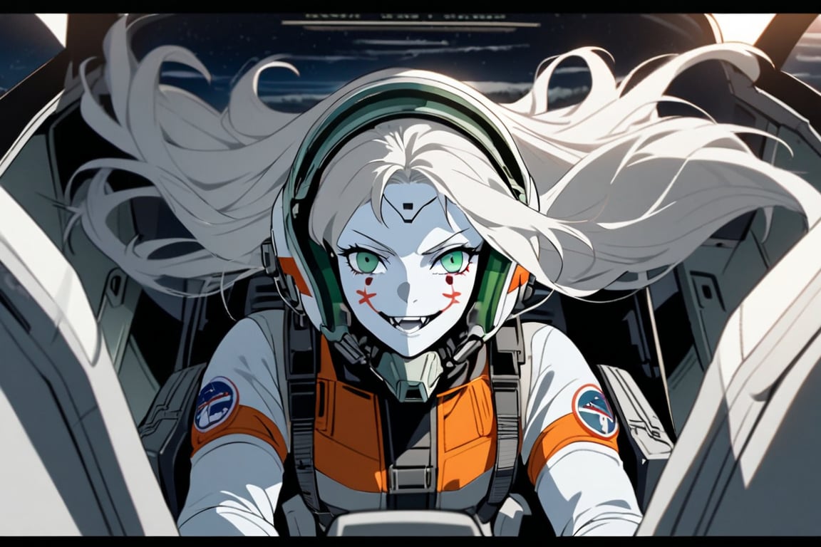  (white skin:1.5), pale skin, long hair, white hair, facial markings, green eyes, fangs, Rebel Alliance Pilot suit, Pilot Helmet, Boots, Russian aircraft, seat into cockpit, Smiling, air base, , aircraft take off, full body, heroic close up, night sky, RETURN OF THE JEDI