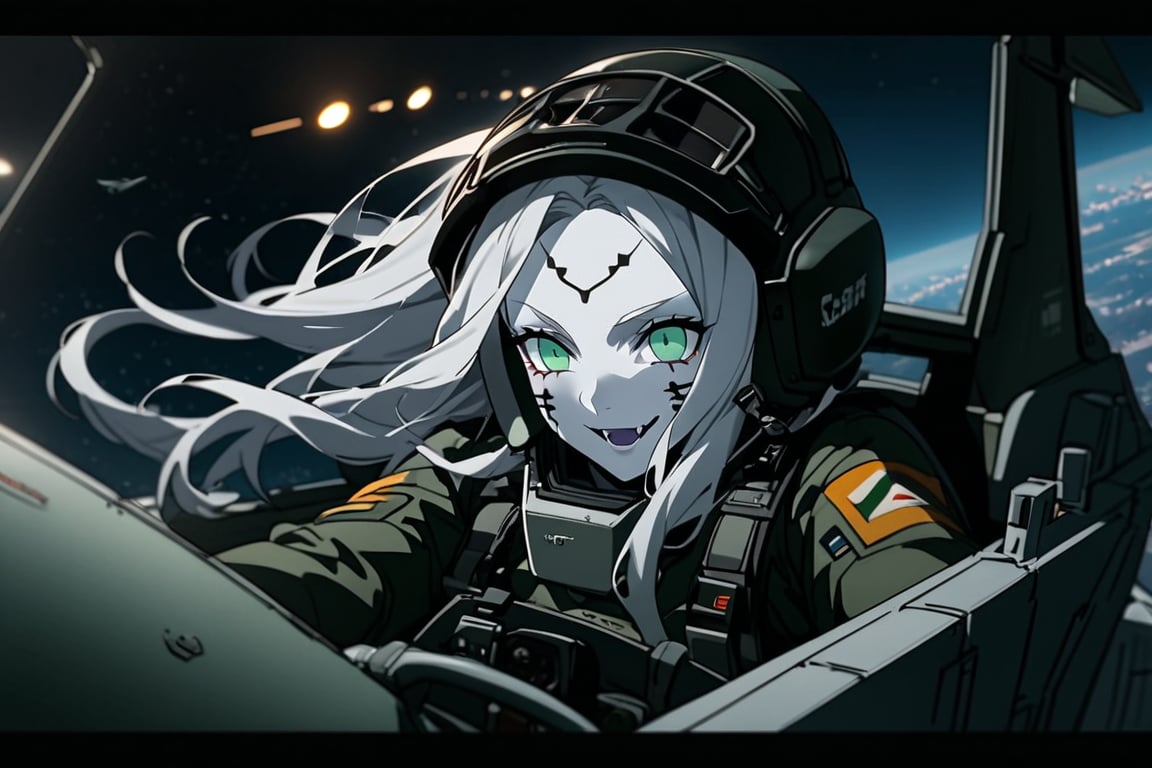  (white skin:1.5), pale skin, long hair, white hair, facial markings, green eyes, fangs, Black Pilot suit, Pilot Helmet, Boots, C-130 aircraft, seant into cockpit, Smiling, air base, , aircraft take off, full body, heroic close up, night sky