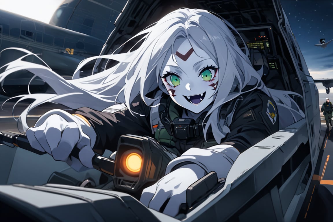  (white skin:1.5), pale skin, long hair, white hair, facial markings, green eyes, fangs, Black Pilot suit, Pilot Helmet, Boots, C-130 aircraft, seant into cockpit, Smiling, air base, , aircraft take off, full body, heroic close up, night sky