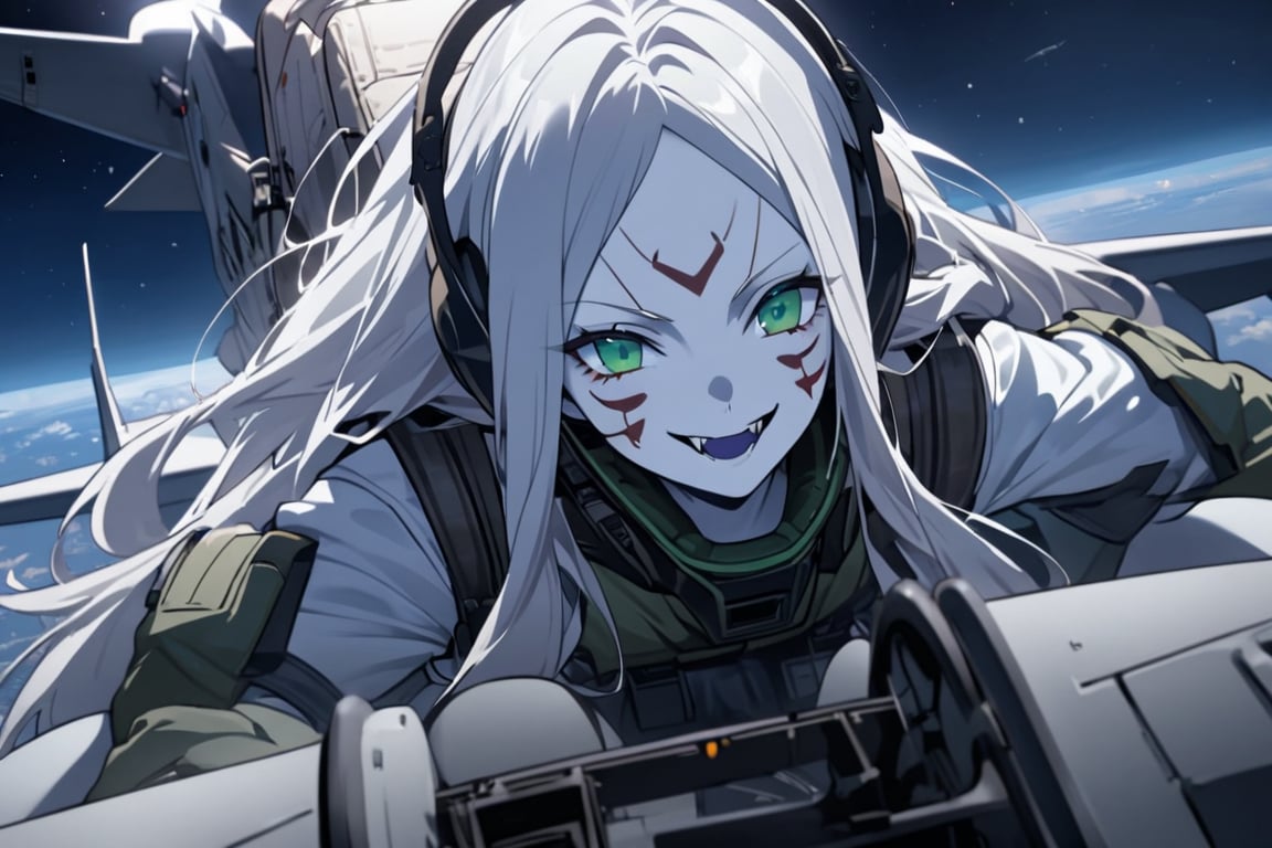  (white skin:1.5), pale skin, long hair, white hair, facial markings, green eyes, fangs, Black Pilot suit, Pilot Helmet, Boots, C-130 aircraft, seant into cockpit, Smiling, air base, , aircraft take off, full body, heroic close up, night sky