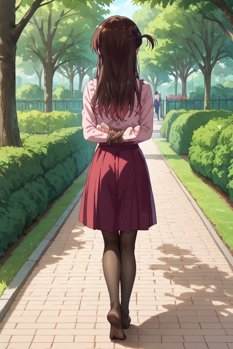 girl, brown hair, forehead, skirt, blouse, pantyhose, detailed feet, no shoes, park, looking to viewer, walking, rope bound, hands tied behind back, light laugh,chizuru ichinose,long hair,bangs,brown eyes,one side up, viewed from behind 