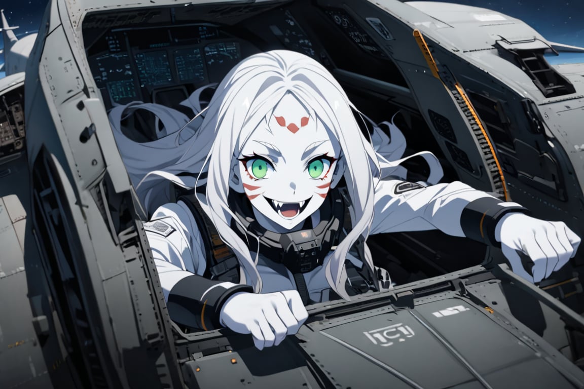  (white skin:1.5), pale skin, long hair, white hair, facial markings, green eyes, fangs, Black Pilot suit, Pilot Helmet, Boots, C-130 aircraft, seant into cockpit, Smiling, air base, , aircraft take off, full body, heroic close up, night sky