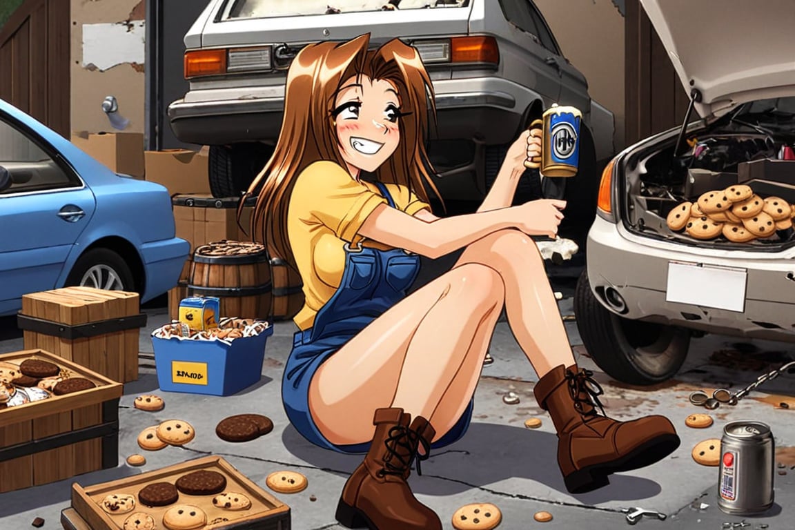 RENA,EROGE, 1girl, brown hair, work overall, boots, car repair garage, destroyed car, hardware, drunk, , lazyness, cinycal smile, box of cookies, beer barrels, rubbish floor, good anatomy, dirty clothes, Anya smile meme, bunch of puppies and kitties around