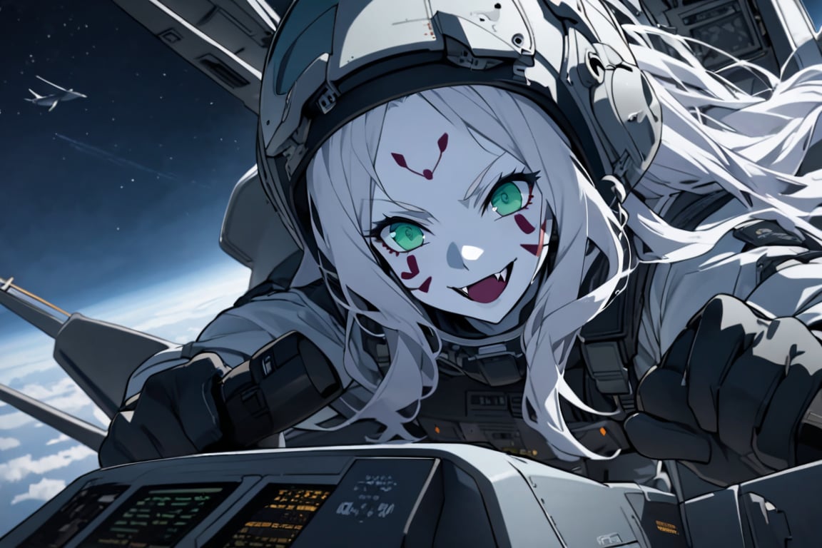  (white skin:1.5), pale skin, long hair, white hair, facial markings, green eyes, fangs, Black Pilot suit, Pilot Helmet, Boots, C-130 aircraft, seant into cockpit, Smiling, air base, , aircraft take off, full body, heroic close up, night sky