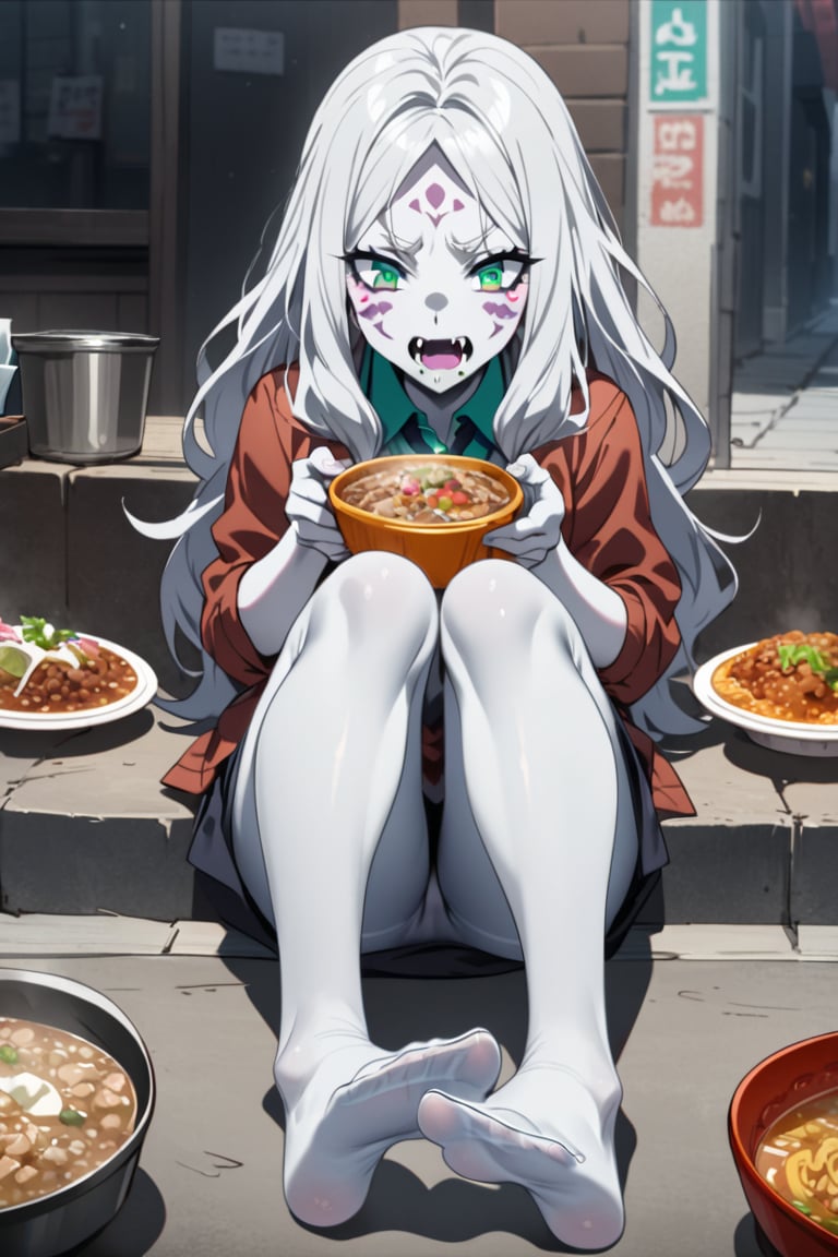  (white skin:1.5), pale skin, long hair, white hair, facial markings, green eyes, fangs, dark street, eating at street stall, Mexican food, pozole,  tired look, no shoes, detailed feet, feet focus, office clothes, gray pantyhose, full body