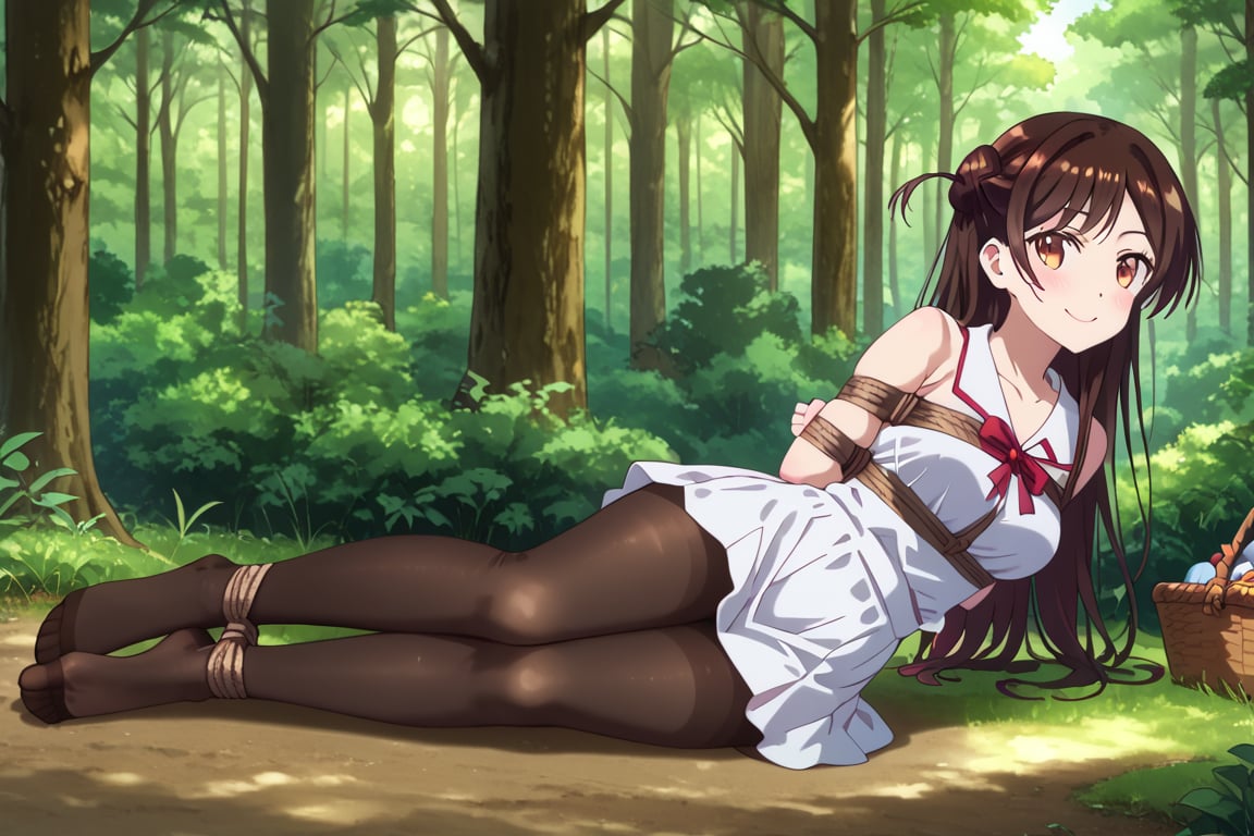 Tied girl, brown hair, forehead, brown pantyhose, white minidress, hands tied behind her back, tied rope, detailed feet, no shoes, feet focus, mischiveous smile, alone, forest, pic nic basket,chizuru ichinose,long hair,bangs,brown eyes,one side up,