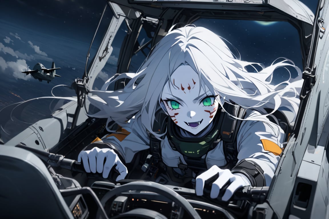  (white skin:1.5), pale skin, long hair, white hair, facial markings, green eyes, fangs, Black Pilot suit, Pilot Helmet, Boots, C-130 aircraft, seant into cockpit, Smiling, air base, , aircraft take off, full body, heroic close up, night sky