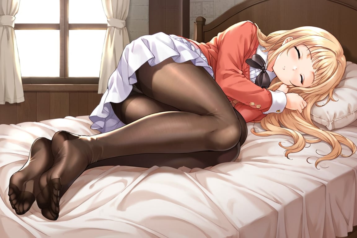 girl, white skirt, blouse, detailed feet, feet focus, no shoes, bedroom, in bed, good anatomy, good legs, good anatomy arms , funny face , tights, viewed from side below, alone, full body,AYANO,blonde_hair, long hair, ribbon, lying, ANIME COLORING, peaceful atmosphere, daylight from window, sleeping