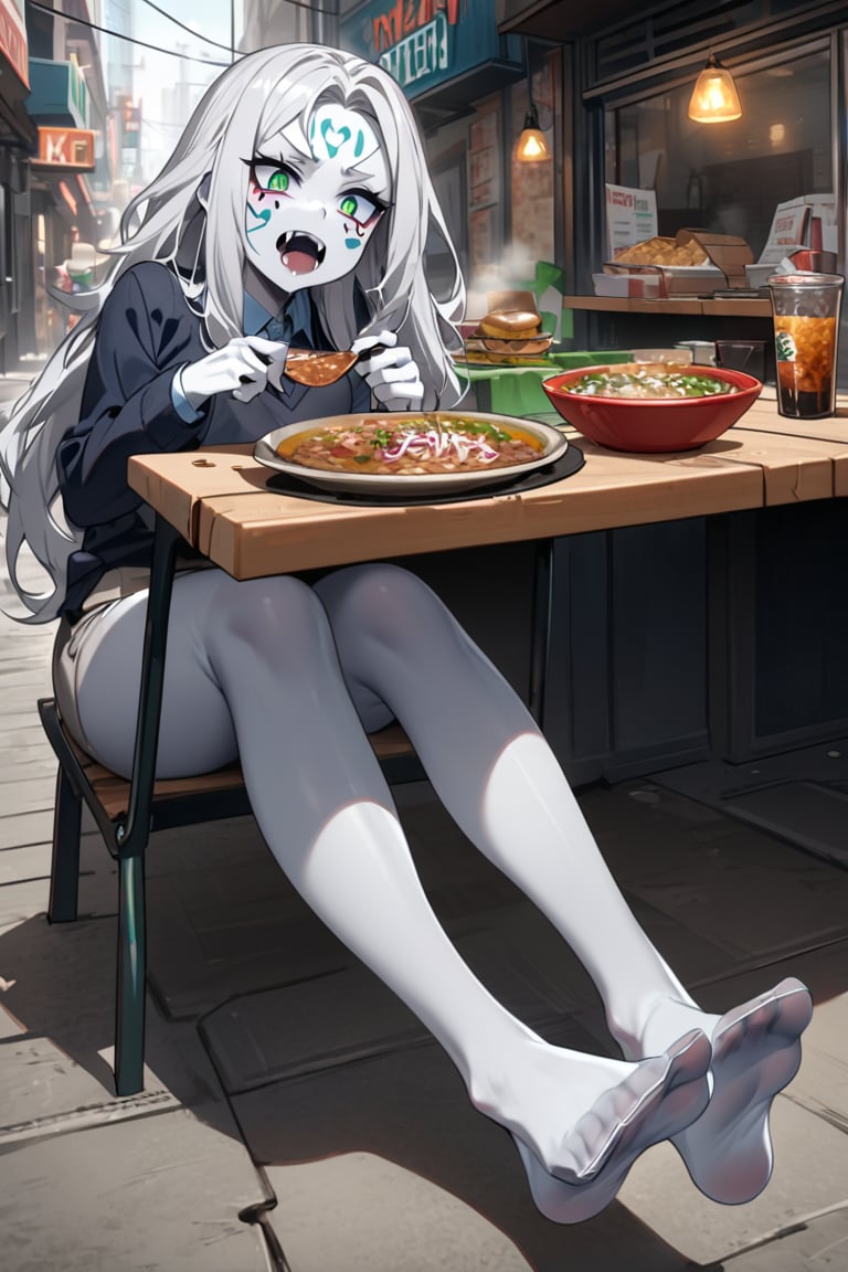  (white skin:1.5), pale skin, long hair, white hair, facial markings, green eyes, fangs, dark street, eating at street stall, Mexican food, pozole,  tired look, no shoes, detailed feet, feet focus, office clothes, gray pantyhose, full body