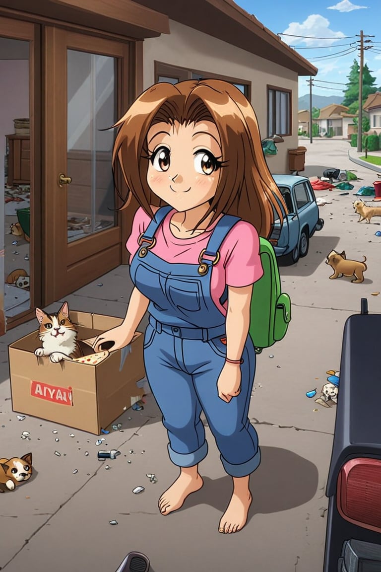 RENA,EROGE, anime coloring, 1girl, brown hair, work overall, barefoot, delivery green cubic backpack, in front to house, standing, street with apartaments, blacksploitation, destroyed car , lazyness, cinycal smile, delivering pizza, rubbish floor, good anatomy, dirty clothes, Anya smile meme, bunch of puppies and kitties around, close up