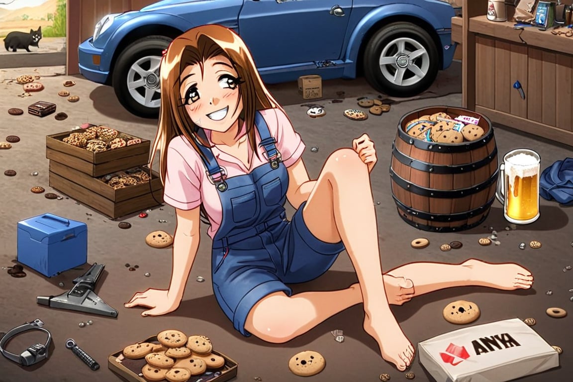 RENA,EROGE, 1girl, brown hair, work overall, barefoot, car repair garage, destroyed car, hardware, drunk, , lazyness, cinycal smile, box of cookies, beer barrels, rubbish floor, good anatomy, dirty clothes, Anya smile meme, bunch of puppies and kitties around, millenium Falcon starship at distance