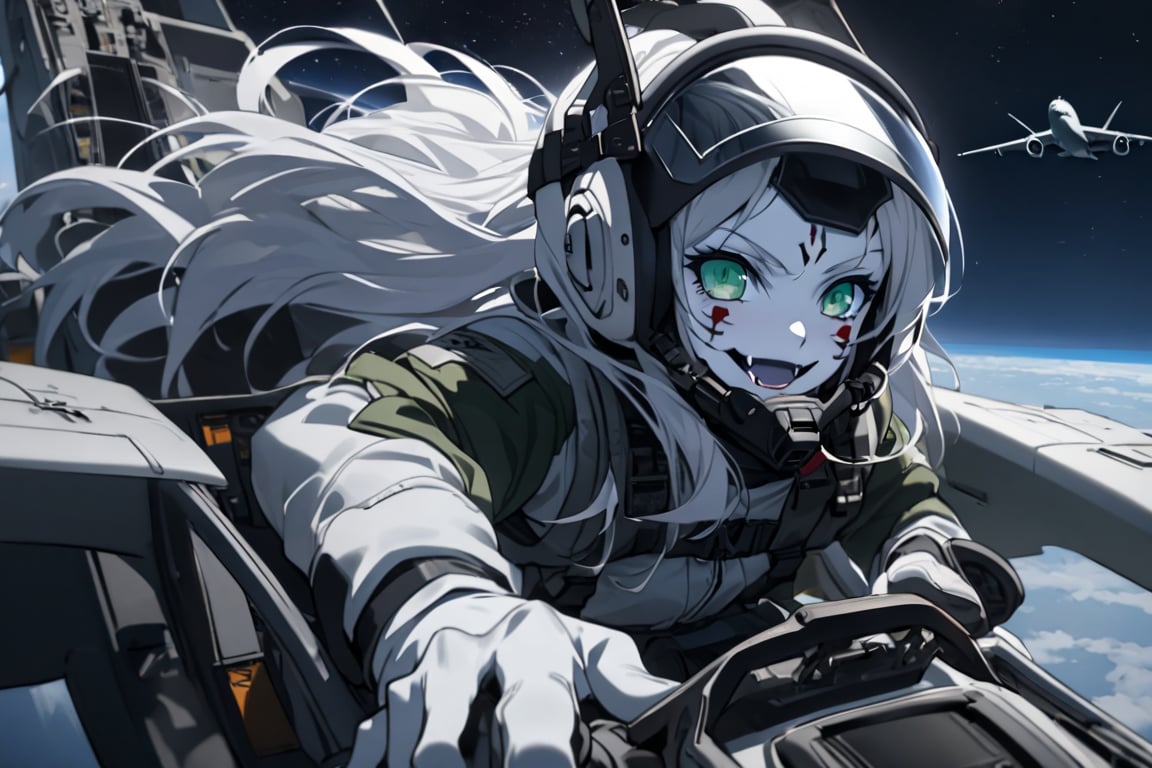  (white skin:1.5), pale skin, long hair, white hair, facial markings, green eyes, fangs, Black Pilot suit, Pilot Helmet, Boots, C-130 aircraft, seant into cockpit, Smiling, air base, , aircraft take off, full body, heroic close up, night sky