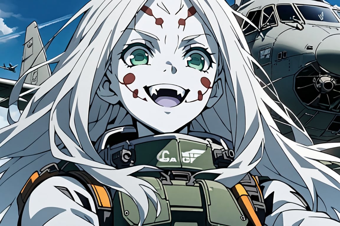  (white skin:1.5), pale skin, long hair, white hair, facial markings, green eyes, fangs, Pilot suit, Pilot Helmet, Boots, C-130 aircraft, Smiling, air base, , aircraft take off, heroic close up