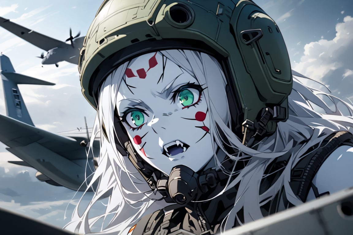  (white skin:1.5), pale skin, long hair, white hair, facial markings, green eyes, fangs, Black Pilot suit, Pilot Helmet, Boots, C-130 aircraft at distance,, air base, full body, heroic close up,