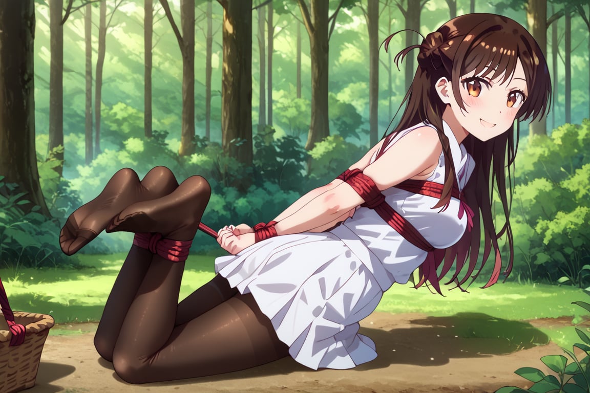 Tied girl, brown hair, forehead, brown pantyhose, white minidress, hands tied behind her back, tied rope, detailed feet, no shoes, feet focus, mischiveous smile, alone, forest, pic nic basket,chizuru ichinose,long hair,bangs,brown eyes,one side up,