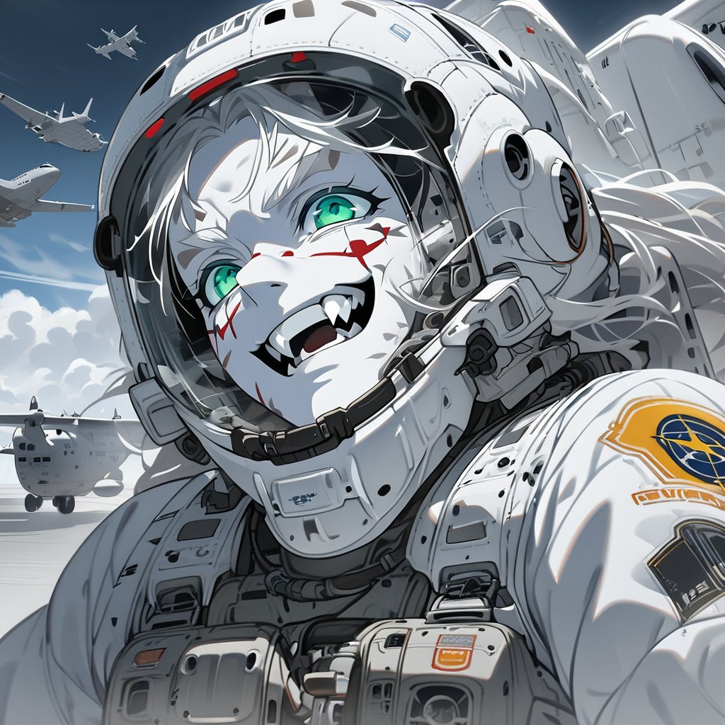  (white skin:1.5), pale skin, long hair, white hair, facial markings, green eyes, fangs, Pilot suit, Pilot Helmet, Boots, C-130 aircraft, Smiling, air base, , aircraft take off, full body, heroic close up