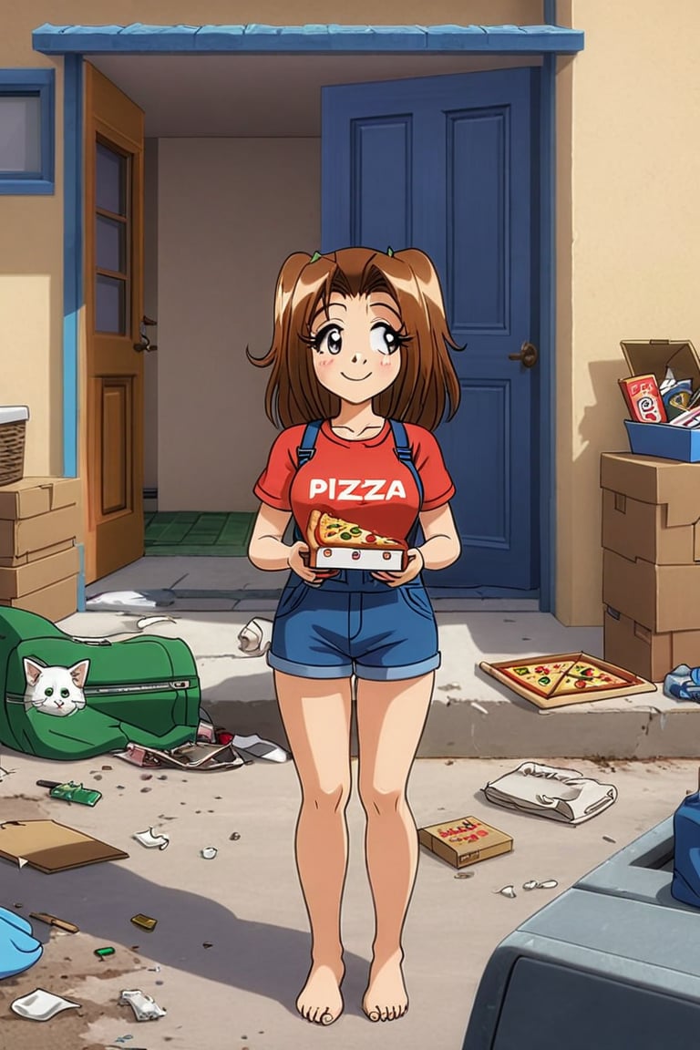 RENA,EROGE, anime coloring, 1girl, brown hair, work overall, barefoot, delivery green cubic backpack, in front to house, standing, street with apartaments, blacksploitation, destroyed car , lazyness, cinycal smile, manage  pizza box, deliuvery t-shirt, rubbish floor, good anatomy, dirty clothes, bunch of puppies and kitties around, close up