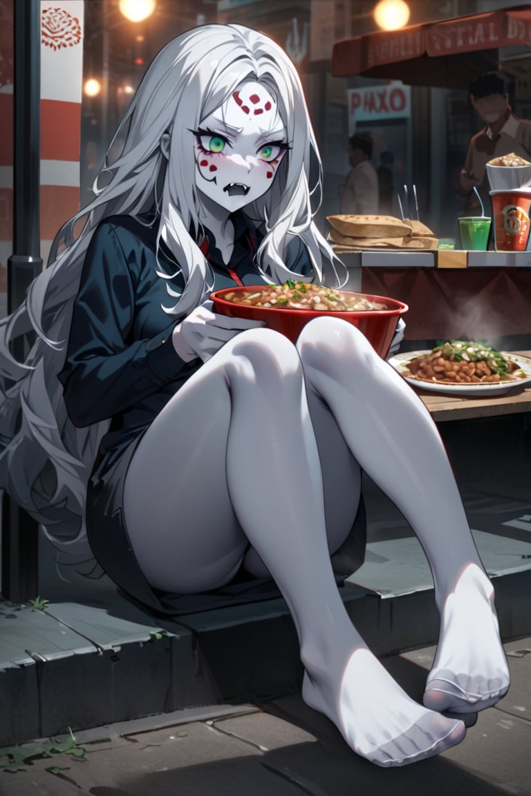  (white skin:1.5), pale skin, long hair, white hair, facial markings, green eyes, fangs, dark street, eating at street stall, Mexican food, pozole,  tired look, no shoes, detailed feet, feet focus, office clothes, gray pantyhose, full body