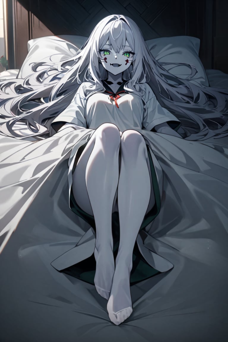  (white skin:1.5), pale skin, long hair, white hair, facial markings, green eyes, fangs, bedroom, disorded space, long Tshirt, under wear, no shoes, relaxing, mischiveus smile, lying in bed, full body, showing her feet to viewer