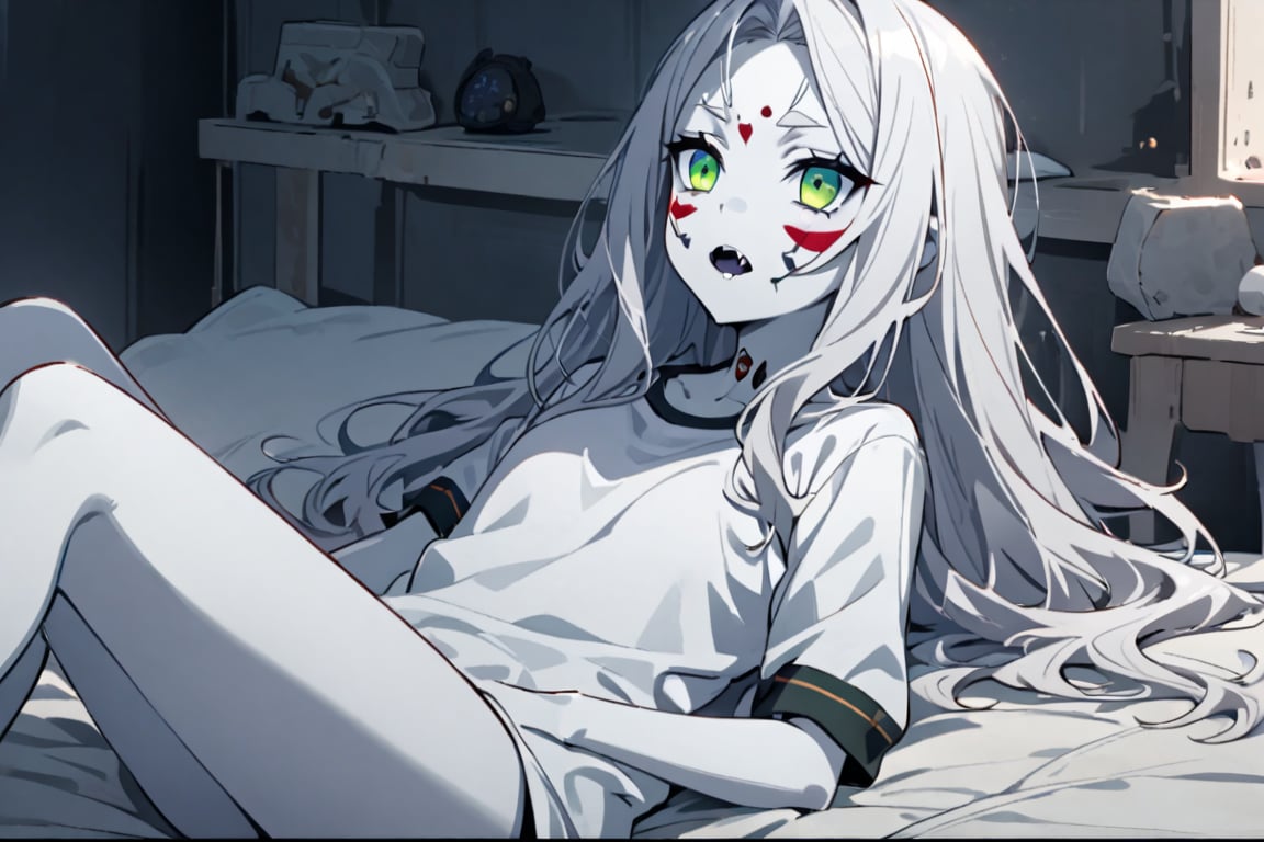  (white skin:1.5), pale skin, long hair, white hair, facial markings, green eyes, fangs, bedroom, disorded space, long Tshirt, under wear, no shoes, relaxing, lying in bed, 