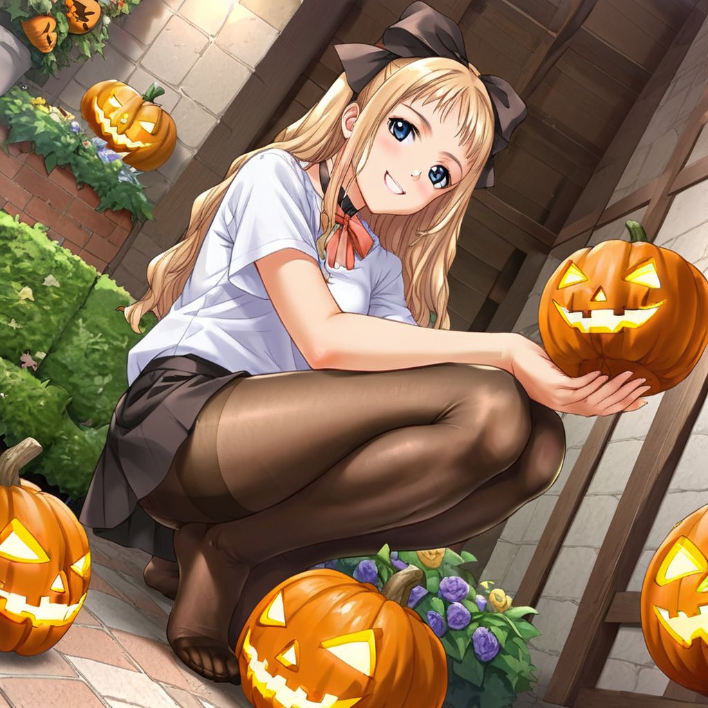 girl, long T shirt, neck strap, detailed feet, feet focus, no shoes, pantyhose, alone, good anatomy, good legs, good anatomy arms, GARDEN,,kneeling squat, funny smile, Surrounded by Halloween pumpkins , viewed from side below,AYANO,blonde_hair, ribbon, ANIME COLORING