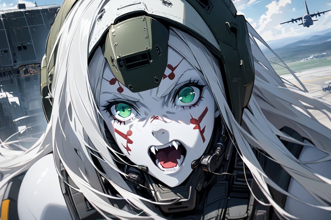  (white skin:1.5), pale skin, long hair, white hair, facial markings, green eyes, fangs, Black Pilot suit, Pilot Helmet, Boots, C-130 aircraft at distance,, air base, full body, heroic close up,