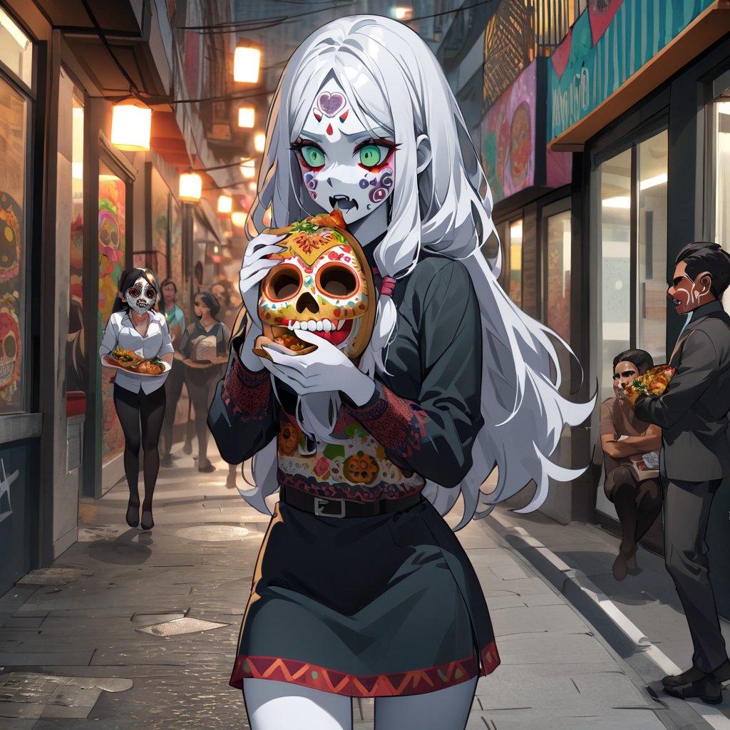  (white skin:1.5), pale skin, long hair, white hair, facial markings, green eyes, fangs, dark street, eating at street Mexican food, tired look, no shoes, office clothes, pantyhose, Mexico city, Mexican people. Dia de muertos, 