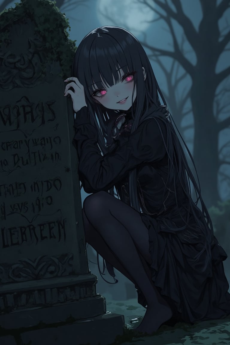 A dark, gothic anime scene with a Nightcore aesthetic. The girl has long, flowing hair and is dressed in a dark, ornate Victorian-style dress. She kneeling squat in a dimly lit, eerie graveyard, leaning against a creepy tombstone with moss-covered inscriptions. The girl is smiling mischievously, her eyes glowing with a sinister light. The composition is centered on her, with the background slightly blurred to emphasize her presence. The lighting is moody, with deep shadows and a hint of moonlight breaking through the canopy. full body, black pantyhose, no shoes, feet focus, viewed from side below