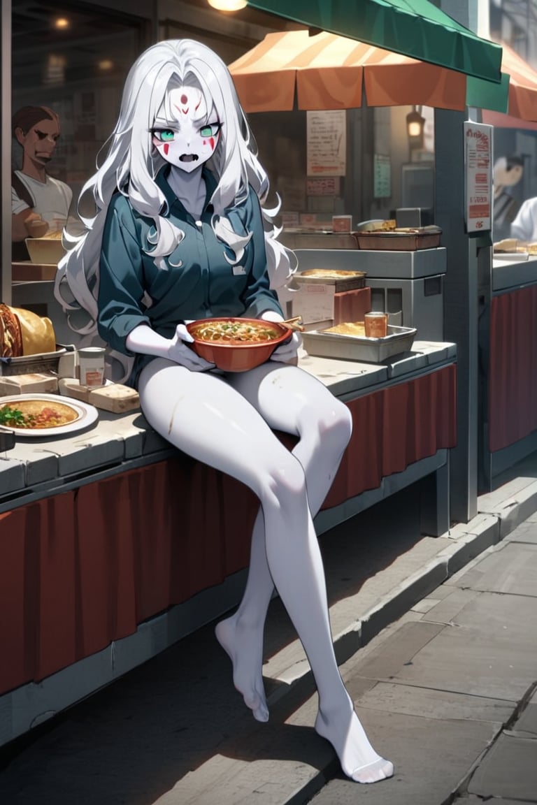  (white skin:1.5), pale skin, long hair, white hair, facial markings, green eyes, fangs, dark street, eating at street stall, Mexican food, pozole,  tired look, no shoes, detailed feet, office clothes, gray pantyhose, full body