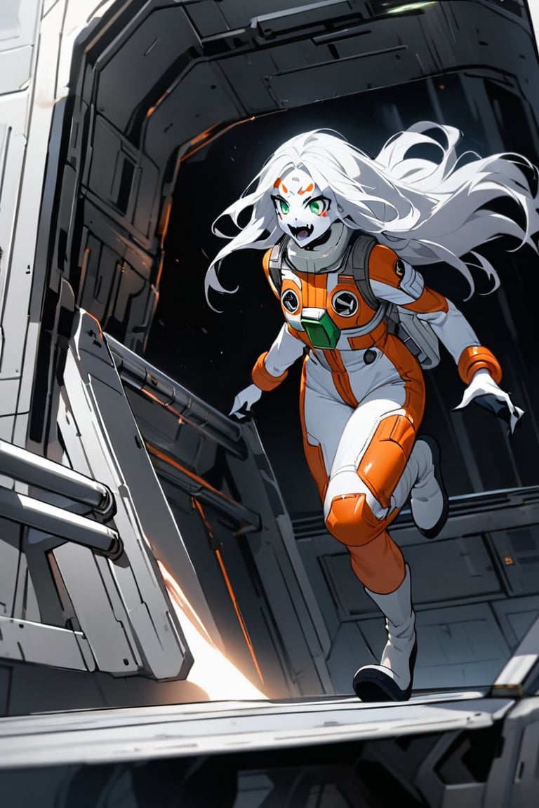  (white skin:1.5), pale skin, long hair, white hair, facial markings, green eyes, fangs, Rebel Alliance Pilot suit, Boots, walking into hangar, aircraft take off, full body, 