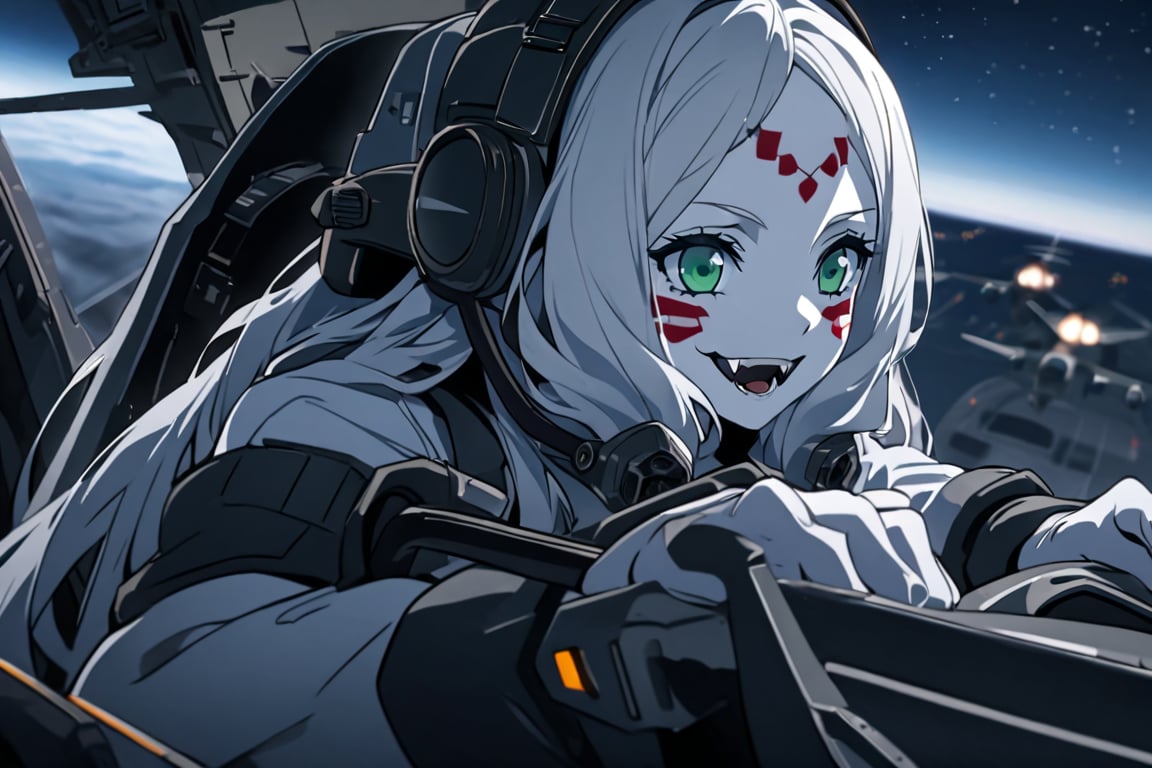  (white skin:1.5), pale skin, long hair, white hair, facial markings, green eyes, fangs, Black Pilot suit, Pilot Helmet, Boots, C-130 aircraft, seant into cockpit, Smiling, air base, , aircraft take off, full body, heroic close up, night sky