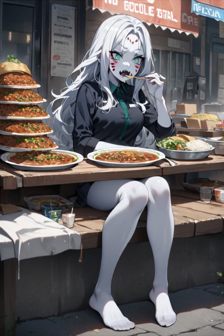  (white skin:1.5), pale skin, long hair, white hair, facial markings, green eyes, fangs, dark street, eating at street stall, Mexican food, pozole,  tired look, no shoes, detailed feet, office clothes, gray pantyhose, full body