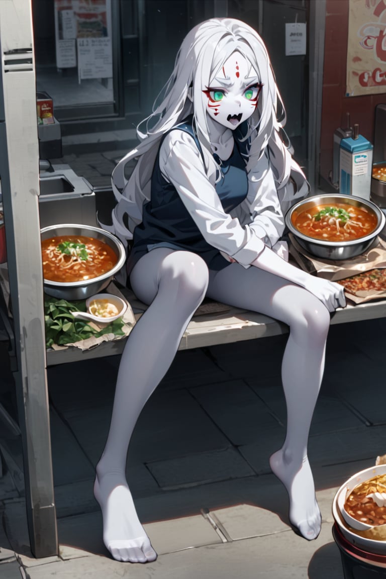  (white skin:1.5), pale skin, long hair, white hair, facial markings, green eyes, fangs, dark street, eating at street stall, Mexican food, pozole,  tired look, no shoes, detailed feet, office clothes, gray pantyhose, full body