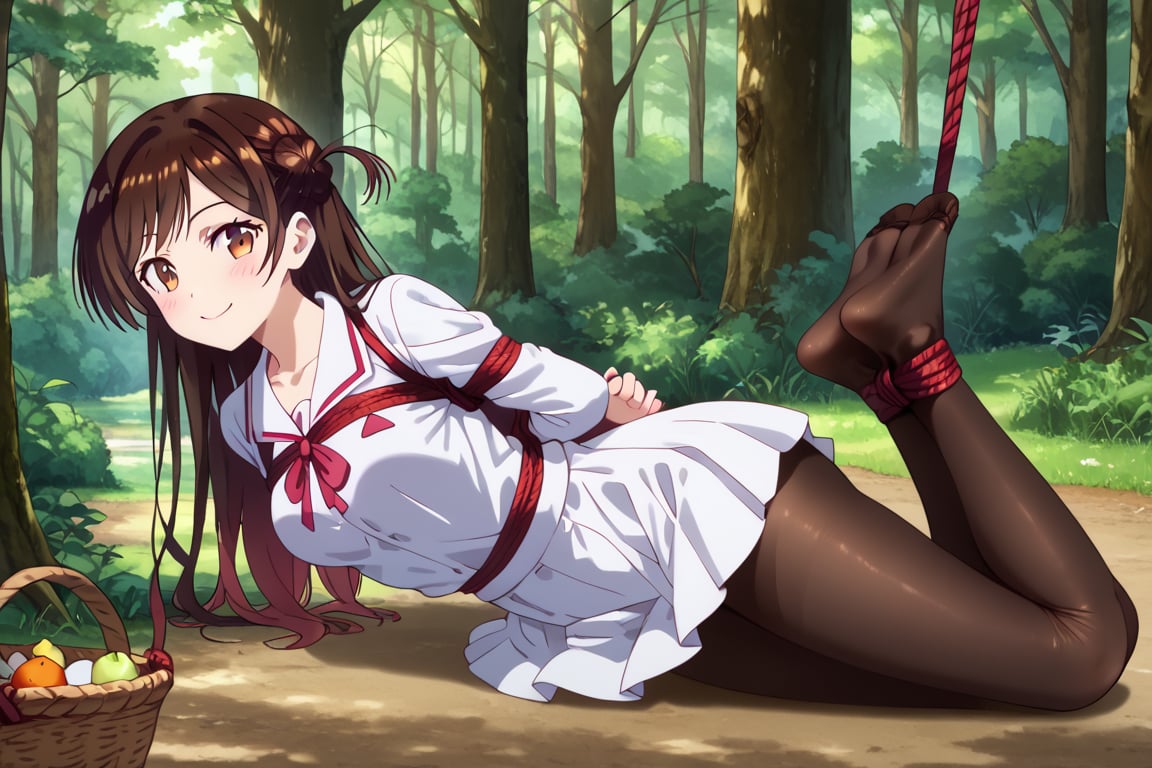 Tied girl, brown hair, forehead, brown pantyhose, white minidress, hands tied behind her back, tied rope, detailed feet, no shoes, feet focus, mischiveous smile, alone, forest, pic nic basket,chizuru ichinose,long hair,bangs,brown eyes,one side up,