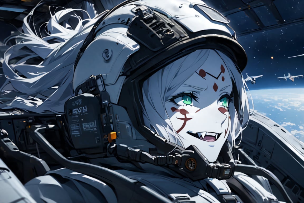  (white skin:1.5), pale skin, long hair, white hair, facial markings, green eyes, fangs, Black Pilot suit, Pilot Helmet, Boots, C-130 aircraft, seant into cockpit, Smiling, air base, , aircraft take off, full body, heroic close up, night sky