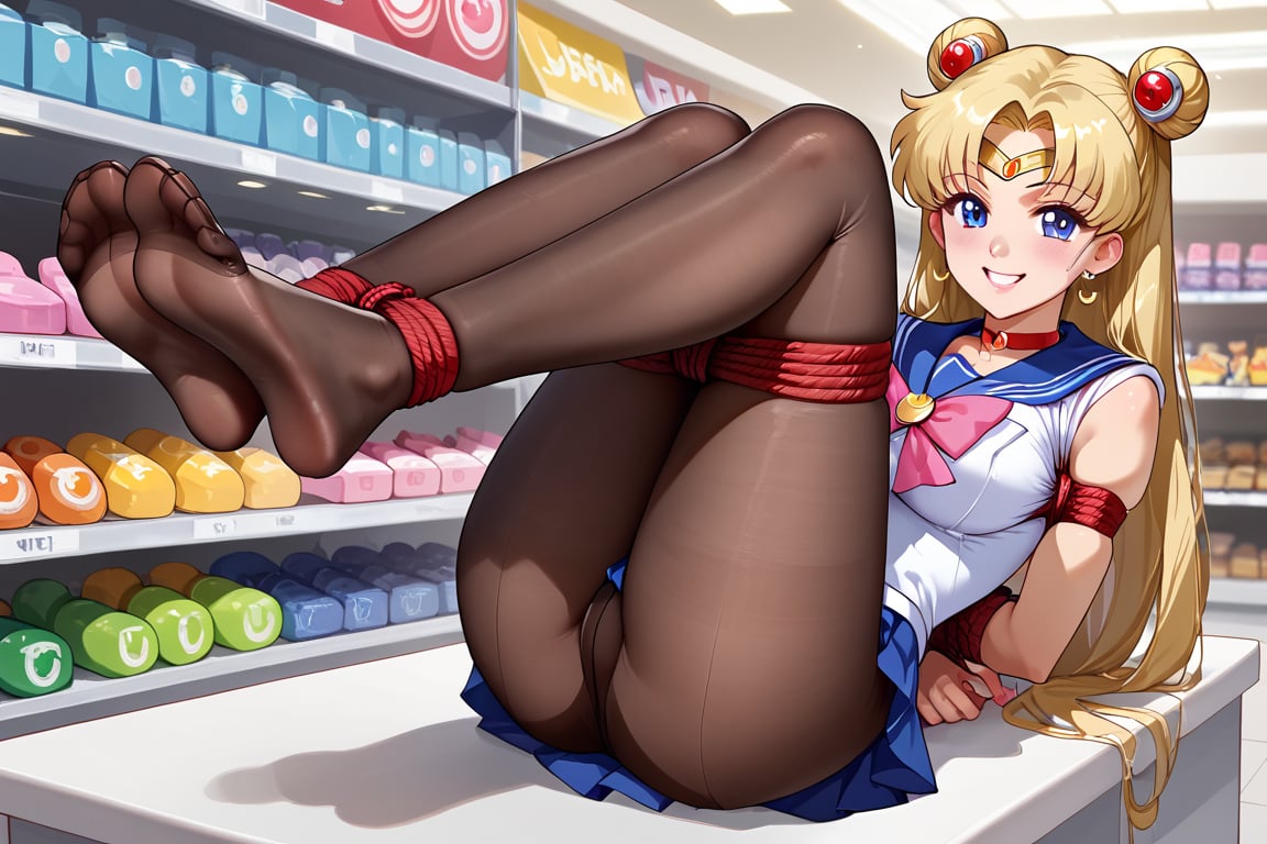 Tied girl, Sailor_moon, brown pantyhose, hands tied behind her back, tied rope, detailed feet, no shoes, feet focus, long  hair, mischiveous smile, alone, Toy store, 