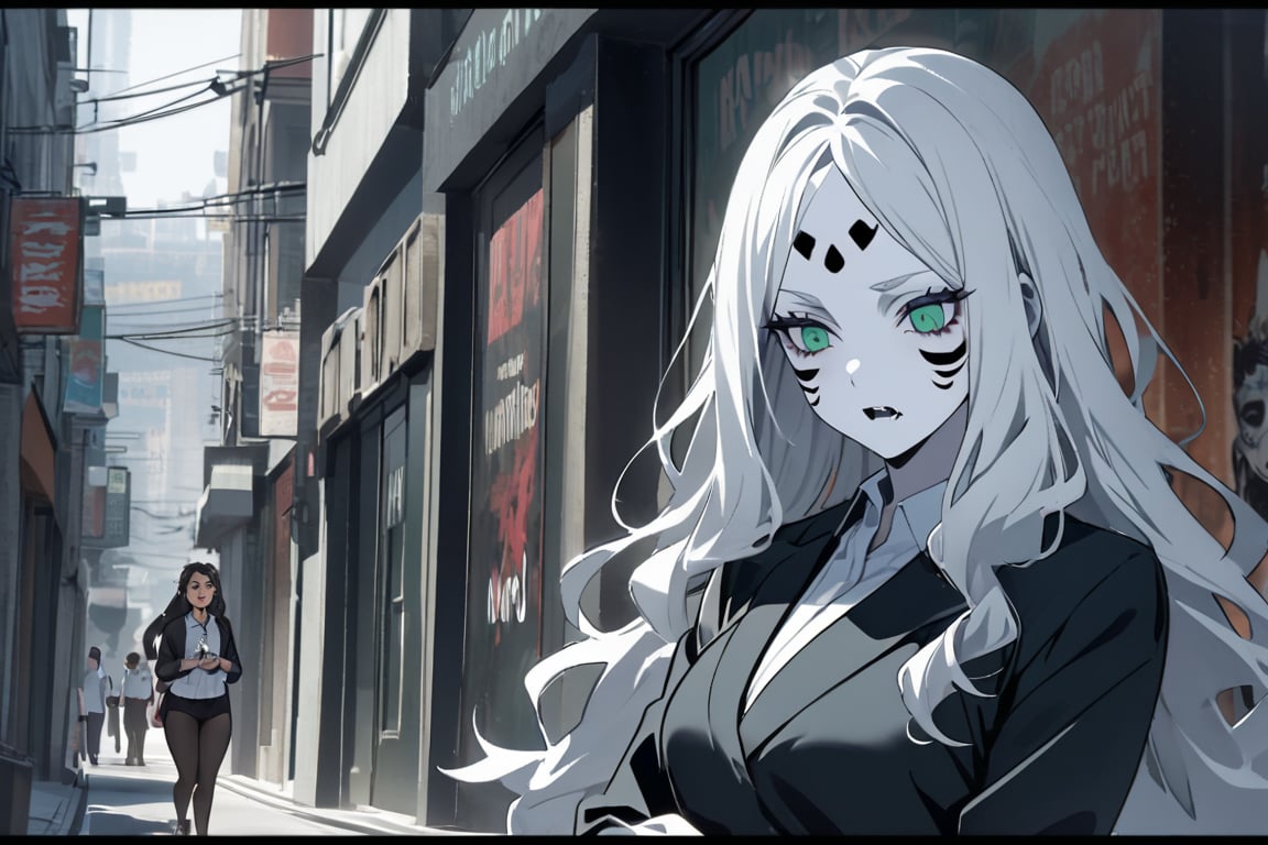  (white skin:1.5), pale skin, long hair, white hair, facial markings, green eyes, fangs, dark street, eating at street Mexican food, tired look, shoes outside, office clothes, pantyhose, Mexico city, Mexican people. 