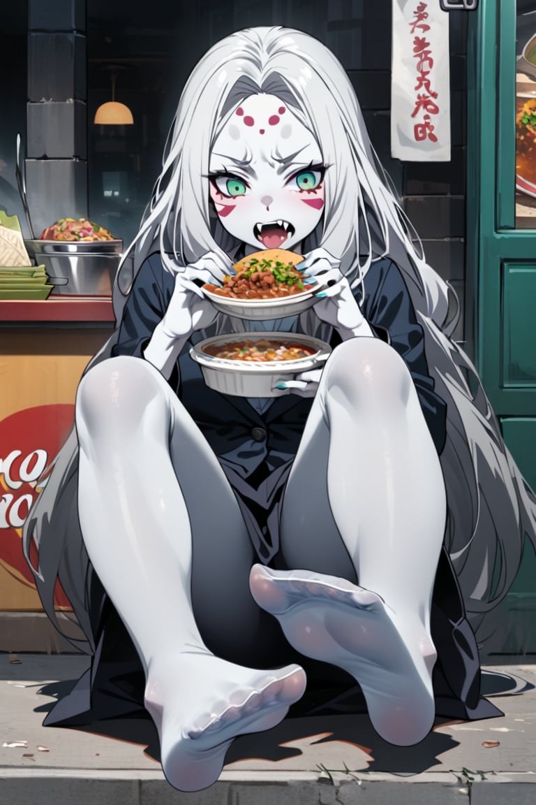  (white skin:1.5), pale skin, long hair, white hair, facial markings, green eyes, fangs, dark street, eating at street stall, Mexican food, pozole,  tired look, no shoes, detailed feet, feet focus, office clothes, gray pantyhose, full body