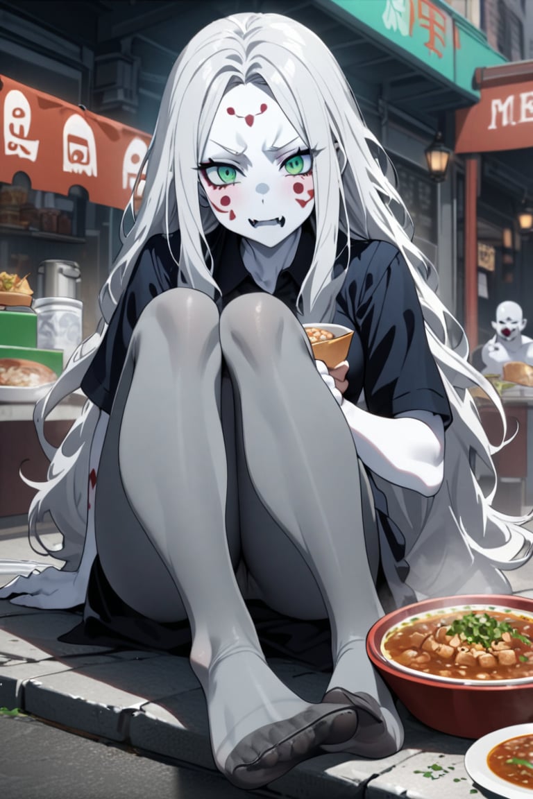  (white skin:1.5), pale skin, long hair, white hair, facial markings, green eyes, fangs, dark street, eating at street stall, Mexican food, pozole,  tired look, no shoes, detailed feet, feet focus, office clothes, gray pantyhose, full body