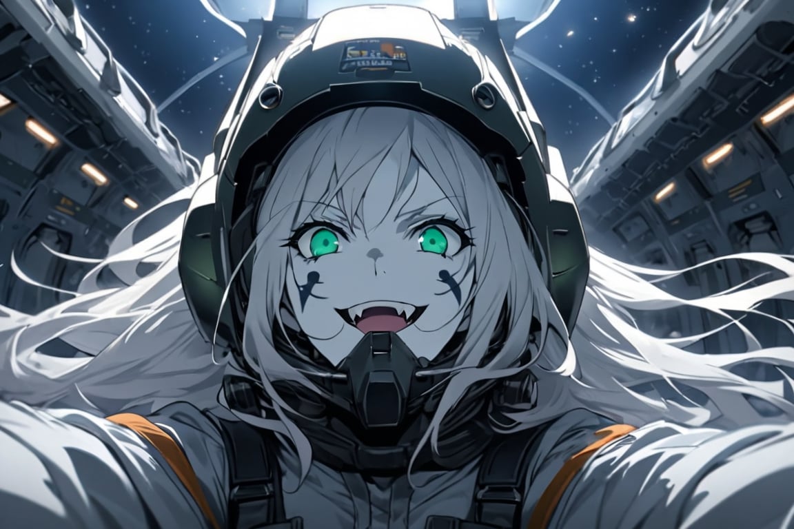  (white skin:1.5), pale skin, long hair, white hair, facial markings, green eyes, fangs, Black Pilot suit, Pilot Helmet, Boots, C-130 aircraft, seant into cockpit, Smiling, air base, , aircraft take off, full body, heroic close up, night sky